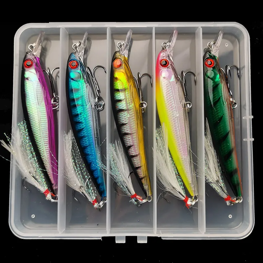 Fishing Hook Box - 3Dレーザーアイミノールアー,フェザー付きハードベイト,最大キャッチ,5ピース/箱,13.3g/6.8g