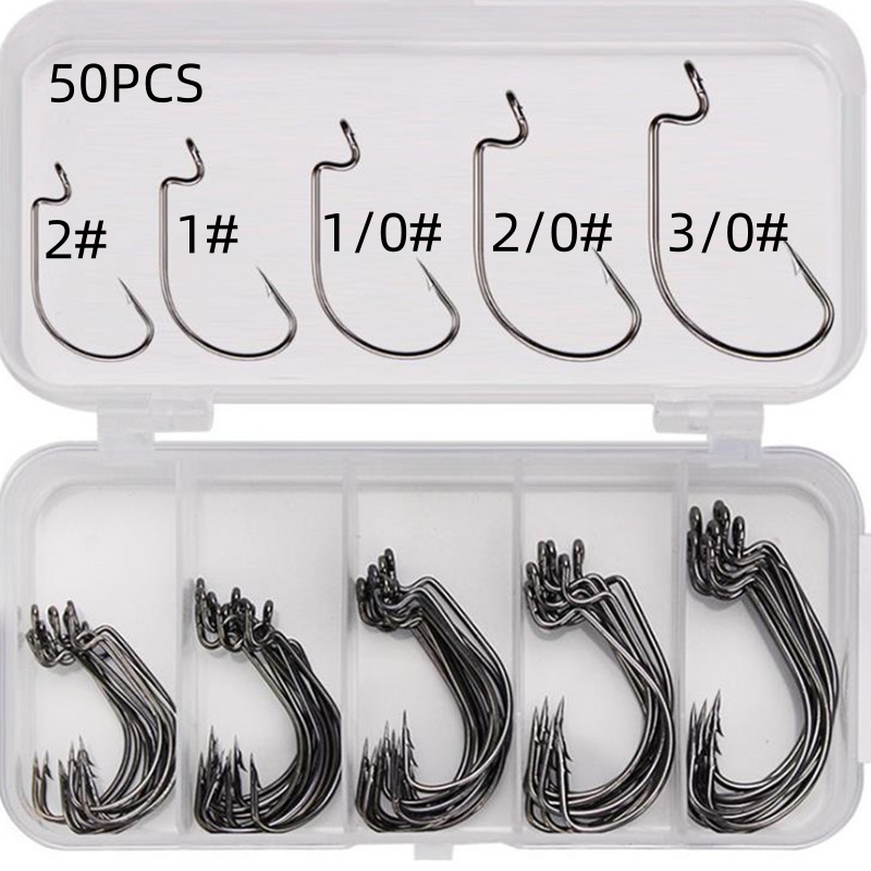 50個入り/箱 高炭素鋼製釣り針 オフセットワイドギャップバ - Fishing Hook Box のレビューと価格